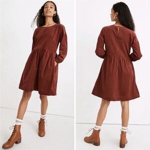 Madewell sz S Brick Red Corduroy Relaxed Mini Dress 100% Cotton Flare Skirt